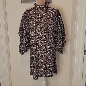Zara, Size L Floral Print Batwing Dramatic Wide Sleeve High Neck Ruffle Mini NEW